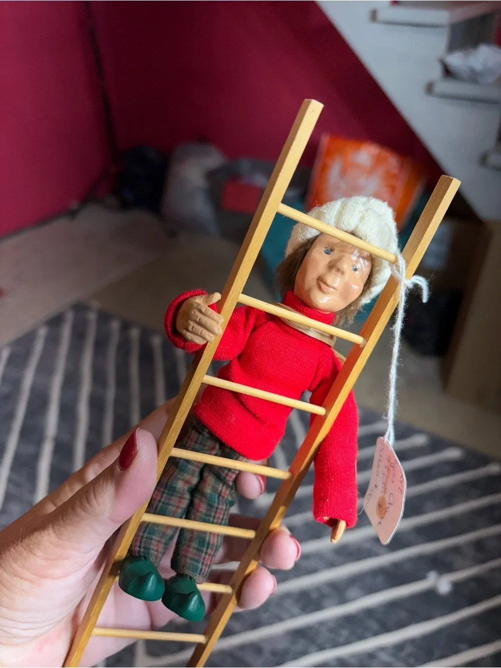 Byers' Choice Christmas Caroler Climbing Doll w/ Wooden Ladder Red Sweater
